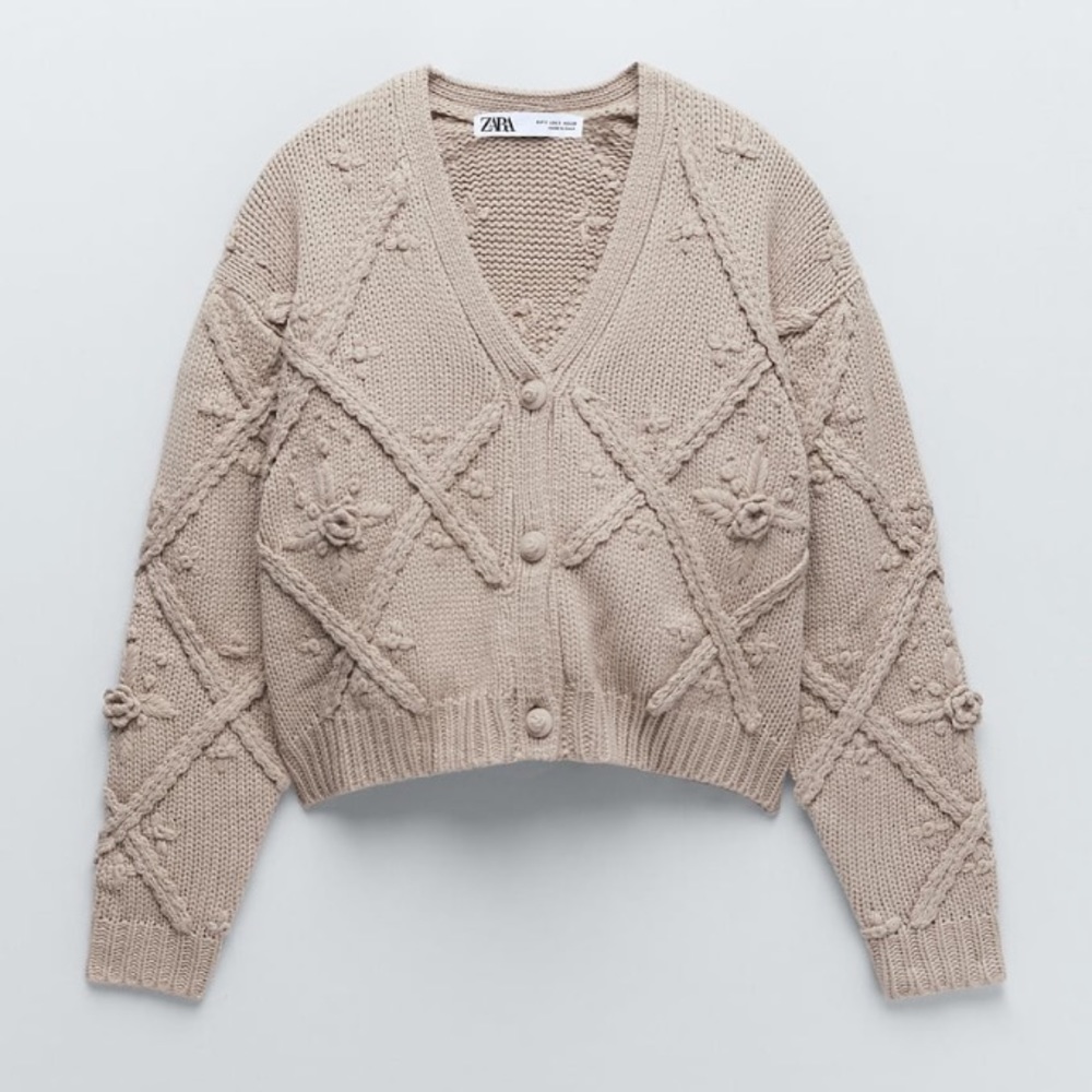 ZARA TEXTURED FLORAL EMBROIDERED KNIT CARDIGAN